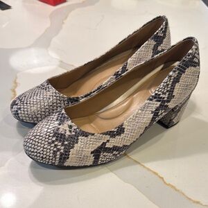 AEROSOLES Cream and Black Snakeskin Block Heel Pumps
